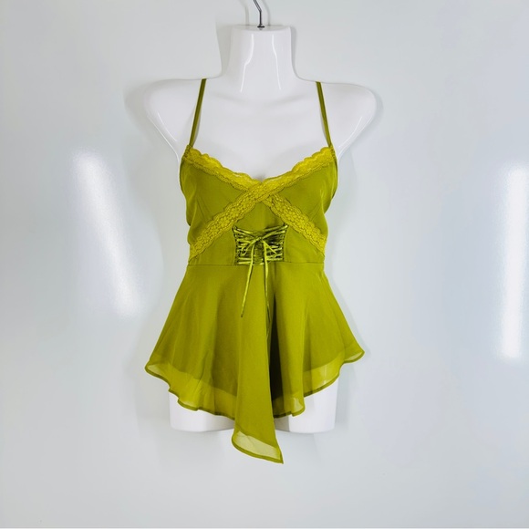 Forever 21 Tops - Forever 21 Y2K Green Lace Trim Babydoll Camisole Top Small Asymmetrical Fairy